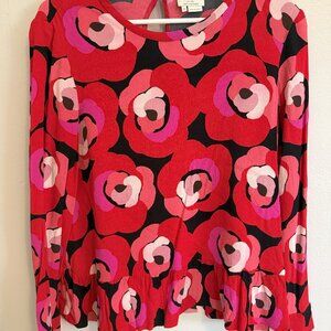 Kate Spade New York Long Sleeve Deco Colorful Red Black Rose Peplum Top size 12